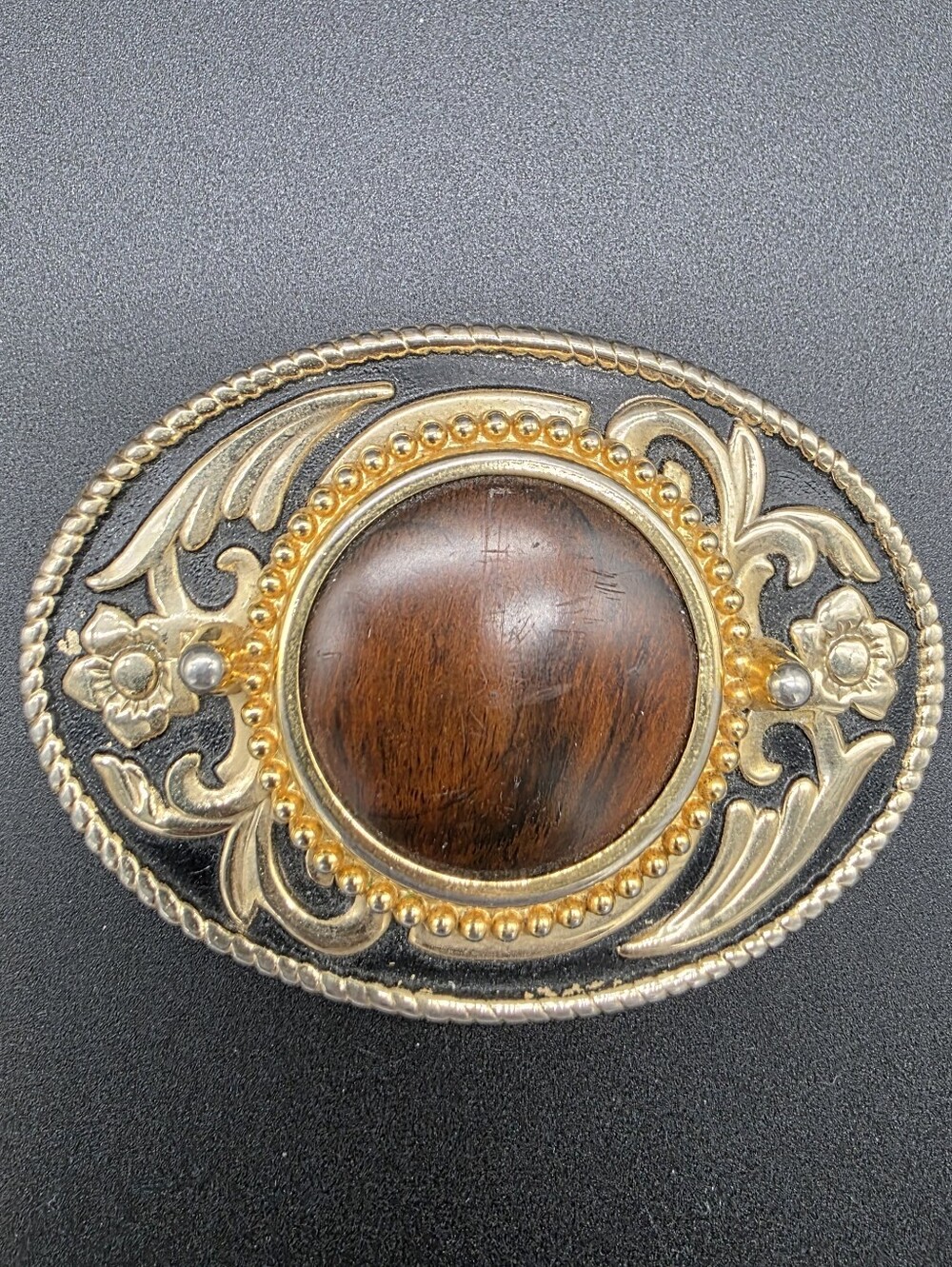 VINTAGE Ornate Vintage-Style Oval Buckle with Wood Center